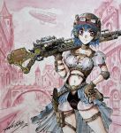  1girl absurdres aircraft atsushi_sasaki belt blue_hair blurry breasts bridge choker city cleavage cloud collarbone contrapposto cowboy_shot depth_of_field dirigible elbow_pads fingerless_gloves frown gloves goggles goggles_on_headwear gun handgun helmet highres holster midriff navel original outdoors over_shoulder partially_colored pistol pouch puffy_sleeves railroad_tracks red_eyes rifle serious short_hair shorts signature sky solo steampunk texture thigh_pouch traditional_media underbust weapon weapon_over_shoulder 