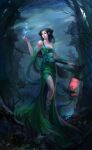  1girl bare_shoulders bare_tree black_hair castle cloud cloudy_sky dress forest glowing green_dress holding holding_lantern jjlovely lantern long_hair nature nie_xiaoqian sky solo strange_stories_from_a_chinese_studio tagme tree 