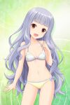  1girl absurdres alternative_girls bare_arms bare_shoulders bikini breasts cleavage eyebrows_visible_through_hair fang green_background highres hiiragi_tsumugi holding holding_clothes long_hair looking_at_viewer official_art open_hand open_mouth silver_hair small_breasts smile solo standing swimsuit yellow_bikini yellow_eyes 