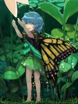  1girl alternate_eye_color antennae aqua_hair bare_legs barefoot blush butterfly_wings dress eternity_larva fairy full_body green_dress green_eyes hair_between_eyes highres leaf leaf_on_head multicolored_clothes multicolored_dress open_mouth piyodesu short_hair short_sleeves single_strap smile solo standing touhou wings 