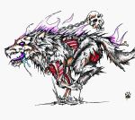  2017 ambiguous_gender bodily_fluids bone burning canid canine canis colored_fire drooling feral fire flesh fur mammal open_mouth purple_eyes purple_fire purple_tongue quadruped running saliva simple_background skull solo tongue traditional_media_(artwork) undead white_background wolf wolfdawg zombie 
