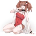  1girl absurdres angelina_(arknights) angelina_(summer_flowers)_(arknights) animal_ears arknights arm_support bare_legs barefoot blush breasts brown_hair cleavage commentary covered_navel earpiece eyebrows_visible_through_hair fox_ears fox_tail full_body hair_between_eyes hair_ribbon hand_to_own_mouth highres infection_monitor_(arknights) jewelry kneeling large_breasts looking_at_viewer medium_hair necklace official_alternate_costume one-piece_swimsuit open_mouth red_eyes red_ribbon red_swimsuit ribbon simple_background solo sweatdrop swimsuit swimsuit_cover-up tail thigh_strap twintails white_background wristband yuki_nko64 