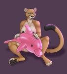  anthro big_breasts breasts claws cougar dark_nipples felid feline female green_eyes hi_res implied_popping inflatable inflatable_toy mammal mosstheopossum nipples nude pool_toy raised_tail sharp_claws simple_background sitting smile smirk solo threatening 