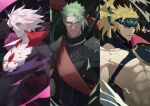  3boys abs absurdres achilles_(fate) armor bangs bishounen blonde_hair blue_eyes cape chest_harness earrings fate/grand_order fate_(series) green_hair hair_between_eyes harness haruakira headband highres igote jewelry karna_(fate) large_pectorals long_hair looking_at_viewer male_focus multiple_boys muscular muscular_male official_alternate_costume open_mouth pale_skin pectorals sakata_kintoki_(fate) sakata_kintoki_(heian_warrior_attire)_(fate) short_hair single_bare_shoulder weapon white_hair yellow_eyes 