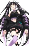 1girl bangs black_bow black_hair black_jacket black_ribbon black_shirt blunt_bangs bow bow_legwear breasts closed_mouth commentary_request crop_top cross-laced_sleeves demon_girl demon_horns demon_tail eyebrows_visible_through_hair feet_out_of_frame gin_(tttetu123) heart heart_print highres horns jacket jewelry kojo_anna leg_ribbon long_hair long_sleeves looking_at_viewer looking_down medium_breasts multicolored_hair navel open_clothes open_jacket over-kneehighs pointy_ears purple_hair purple_legwear ribbon ring russian_text see-through_shirt shirt simple_background sleeveless sleeveless_shirt smile solo sugar_lyric tail thigh_strap thighhighs tongue tongue_out transparent_background twintails two-tone_hair v virtual_youtuber yellow_eyes zipper 