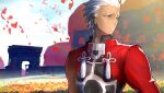  1boy archer_(fate) closed_mouth cropped_jacket dark-skinned_male dark_skin fate/extella fate/extra fate/stay_night fate_(series) game_cg grey_eyes highres jacket long_sleeves looking_to_the_side non-web_source official_art photoshop_(medium) red_jacket ruins silver_hair solo spiked_hair standing wada_arco white_hair 