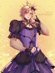  1boy absurdres artist_name blonde_hair blue_eyes blush bow braid brooch cloud_strife crossdressing dress embarrassed final_fantasy final_fantasy_vii final_fantasy_vii_remake frilled_sleeves frills hair_bow highres jewelry leofoxart official_alternate_costume solo twin_braids upper_body yellow_background 
