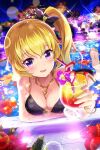  1girl absurdres alternative_girls bare_arms barefoot bikini black_bikini blonde_hair breasts chain_necklace city cleavage cup eyebrows_visible_through_hair flower food fruit highres holding holding_cup looking_at_viewer mizushima_airi night official_art open_mouth orange_(fruit) pool purple_eyes side_ponytail solo swimsuit tropical_drink 