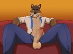  anthro athletic athletic_anthro athletic_male balls biped bottomwear brown_body brown_fur canid canine canis clothed clothing dasinbun dreamworks erection fur furniture genitals glans grin hi_res humanoid_genitalia humanoid_penis looking_at_viewer male mammal mr._wolf_(the_bad_guys) necktie open_bottomwear open_clothing open_pants open_shirt open_topwear pants partially_clothed penis reclining shirt smile sofa solo the_bad_guys topwear undone_tie vein veiny_penis wolf yellow_sclera 