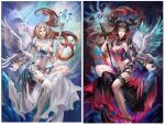  1girl bird black_clothes breasts cleavage cloud cloudy_sky corset crystal dark_persona eagle feather_trim freyja jjlovely looking_at_viewer mirror_image multicolored_clothes multiple_persona navel norse_mythology red_hair sky space staff thighhighs white_clothes 