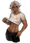  1girl abs absurdres artist_name black_pants breasts clothes_lift collarbone commentary cropped_legs dark-skinned_female dark_elf dark_skin elf english_commentary excessive_pubic_hair frown hand_on_hip highres large_breasts looking_away looking_to_the_side matilda_fiship medium_hair muscular muscular_female navel no_bra olivia_(matilda_fiship) original pants pointy_ears pubic_hair pubic_hair_peek scar shirt shirt_lift short_sleeves simple_background solo stomach sweat thick_eyebrows v-shaped_eyebrows wet wet_clothes wet_shirt white_background white_hair white_shirt 