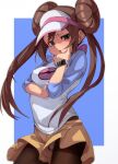  1girl black_legwear blush bow breasts brown_hair chin_stroking covered_nipples cowboy_shot double_bun fu-ta green_eyes highres legwear_under_shorts long_hair looking_at_viewer open_mouth panties panty_peek pantyhose pink_bow pokemon raglan_sleeves rosa_(pokemon) short_shorts shorts solo twintails underwear very_long_hair visor_cap watch yellow_shorts 