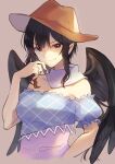  1girl bandana beige_background black_hair black_wings blue_shirt brown_headwear closed_mouth collarbone cowboy_hat cropped_torso eyebrows_visible_through_hair feathered_wings frilled_sleeves frills hat highres kaede_(mmkeyy) kurokoma_saki long_hair pegasus_wings puffy_short_sleeves puffy_sleeves red_eyes shirt short_sleeves simple_background smirk solo touhou upper_body v-shaped_eyebrows white_bandana wings 