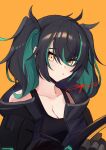  1girl ahoge black_hair black_tank_top breasts cleavage collarbone commentary_request dated girls&#039;_frontline headwear_removed helmet helmet_removed highres holding holding_helmet long_hair looking_at_viewer medium_breasts multicolored_hair off_shoulder official_alternate_costume orange_background ranyu saf_(girls&#039;_frontline) saf_(mysterious_wayfarer_sa)_(girls&#039;_frontline) signature simple_background solo streaked_hair tank_top twintails two-tone_hair upper_body yellow_eyes 