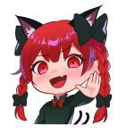  1girl animal_ears black_bow blush bow braid cat_ears cat_tail chibi dress extra_ears fang gesture green_dress hand_up kaenbyou_rin multiple_tails open_mouth recare red_eyes red_hair shiny shiny_hair smile solo tail touhou twin_braids two_tails white_background 