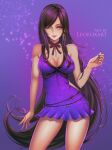  1girl absurdres artist_name black_hair breasts brown_eyes cleavage crescent crescent_earrings cropped_legs dress earrings final_fantasy final_fantasy_vii final_fantasy_vii_remake highres jewelry leofoxart long_hair official_alternate_costume one_eye_closed purple_background purple_dress purple_nails short_dress sleeveless sleeveless_dress smile solo thighs tifa_lockhart tifa_lockhart&#039;s_refined_dress 