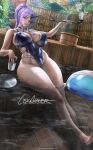  1girl bath bathhouse black_horns breasts cleavage curvy dripping highleg highleg_swimsuit horns large_breasts legs_together lexaiduer outdoors pipe plump purple_hair single_horn smoke solo swimsuit tensei_shitara_slime_datta_ken thick_thighs thighs wet 