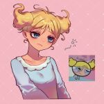  1girl absurdres blonde_hair blue_eyes blue_pajamas bubbles_(ppg) buttercup_redraw_challenge cropped_torso derivative_work eyebrows_visible_through_hair half-closed_eyes highres messy_hair pajamas pink_background powerpuff_girls qiu_ju reference_inset screencap_redraw solo twintails 