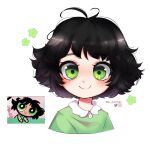  1girl absurdres artist_name black_hair blush buttercup_(ppg) buttercup_redraw_challenge cropped_torso derivative_work green_eyes green_pajamas highres looking_at_viewer messy_hair powerpuff_girls pr_ponnyan reference_inset screencap_redraw short_hair solo white_background 