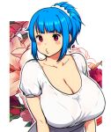  1girl bangs blue_hair blunt_bangs blush_stickers bra bra_visible_through_clothes breasts cleavage erkaz eyebrows_visible_through_hair huge_breasts original outline ponytail red_eyes rina_atherina shirt shirt_tucked_in short_hair short_sleeves solo underwear white_bra white_outline white_shirt 