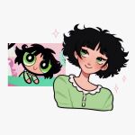  1girl black_hair blush buttercup_(ppg) buttercup_redraw_challenge cropped_torso derivative_work green_eyes green_pajamas highres meg_ikarp messy_hair pajamas powerpuff_girls reference_inset screencap_redraw short_hair simple_background smile solo sparkle white_background 