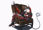  1girl armchair bangs black_footwear black_hair black_jacket black_nails black_pants black_sports_bra blue_eyes breasts chain chair commentary_request cropped_jacket cross-laced_pants demon_girl demon_horns demon_tail ear_chain full_body gin_(tttetu123) highres horns jacket large_breasts leg_up looking_at_viewer multicolored_hair nail_polish open_clothes open_jacket pants parted_lips pointy_ears red_hair red_pants red_sports_bra ryugasaki_rene shoes short_hair simple_background sitting_sideways sneakers solo sports_bra sugar_lyric tail two-tone_hair two-tone_pants underboob virtual_youtuber white_background 