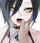  1boy 1girl azur_lane bangs bare_shoulders black_hair blue_hair choker collar collared_shirt cross ears eyebrows_visible_through_hair eyeshadow fangs finger_in_another&#039;s_mouth hair_between_eyes hand_in_mouth jewelry long_eyelashes looking_at_viewer makeup ohisashiburi open_mouth pale_skin piercing sharp_teeth shirt short_hair simple_background solo spiked_collar spikes teeth tongue tongue_piercing tongue_tattoo ulrich_von_hutten_(azur_lane) white_background yellow_eyes zipper 