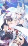  2girls animal_ears bare_hips breast_press breasts calder cleavage dress face_to_breasts fox_ears fox_girl highres holding hug karyl_(princess_connect!) large_breasts looking_at_viewer multiple_girls princess_connect! side_slit small_breasts tail thick_thighs thighhighs thighs white_hair white_legwear 