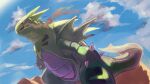 absurdres claws cloud commentary_request day desert from_below highres no_humans open_mouth outdoors pecohophop pokemon pokemon_(creature) sharp_teeth sky solo standing teeth tyranitar 
