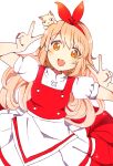  1boy 1girl apron blonde_hair bow cat double_v dress dutch_angle ellen_(touhou) eyebrows_visible_through_hair hair_bow happy highres long_hair looking_at_viewer open_mouth puffy_short_sleeves puffy_sleeves red_bow red_dress shirt short_sleeves simple_background sokrates_(touhou) touhou touhou_(pc-98) v white_background white_cat white_shirt yellow_eyes zeroko-san_(nuclear_f) 