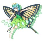  1girl antennae aqua_hair barefoot blush brown_eyes butterfly_wings danmaku dress eternity_larva fairy full_body green_dress hair_between_eyes leaf leaf_on_head multicolored_clothes multicolored_dress open_mouth short_hair short_sleeves simple_background single_strap smile solo touhou white_background wings yyi 