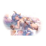  1boy alpha_transparency animal_ears bangs blue_hair blush bow breasts catura_(granblue_fantasy) cow cow_ears draph eyebrows_visible_through_hair gauntlets gradient_hair gran_(granblue_fantasy) granblue_fantasy hair_bow hand_on_own_chest horns large_breasts long_hair looking_at_viewer lying minaba_hideo multicolored_hair official_art on_back parted_lips pointy_ears purple_hair shorts simple_background smile solo solo_focus strap_slip transparent_background two-tone_hair whispering 