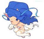  1girl animal_ears animal_feet animal_hands big_hair bikini blue_eyes blue_hair cat_ears claws felicia_(vampire) full_body highres kotatsu_(g-rough) long_hair looking_at_viewer monster_girl one_eye_closed signature simple_background solo swimsuit tail vampire_(game) very_long_hair white_background white_bikini 