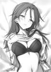  1girl absurdres black_bra blush bra breasts cleavage dutch_angle fankupl greyscale hands_on_own_chest highres long_hair looking_at_viewer medium_breasts minna-dietlinde_wilcke monochrome navel open_clothes parted_lips sketch solo strike_witches underwear world_witches_series 