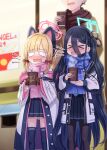  &gt;_&lt; 1boy 2girls animal_ears arisu_(blue_archive) bangs black_hair black_legwear black_skirt blonde_hair blue_archive blue_scarf blurry blurry_background blush brown_jacket brown_scarf closed_eyes commentary_request cup depth_of_field disposable_cup eyebrows_visible_through_hair fake_animal_ears fringe_trim hair_between_eyes halo harada_(sansei_rain) head_out_of_frame highres holding holding_cup jacket long_hair momoi_(blue_archive) multiple_girls nose_blush off_shoulder one_side_up open_clothes open_jacket open_mouth pantyhose pink_scarf plaid plaid_scarf pleated_skirt scarf sensei_(blue_archive) shirt skirt standing steam teardrop tears thighhighs very_long_hair wavy_mouth white_jacket white_shirt 