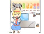  2girls alice_margatroid animal_ears blonde_hair blue_dress buttons cookie_(touhou) dress grey_hair highres ichigo_(cookie) mouse_ears mouse_tail multiple_girls nazrin nyon_(cookie) on_shoulder outstretched_arm palet200011 red_eyes red_headwear red_neckwear tail touhou vending_machine 