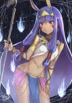  1girl bangs bare_legs breasts dark-skinned_female dark_skin eyebrows_behind_hair eyebrows_visible_through_hair fate/grand_order fate_(series) hairband holding holding_staff long_hair looking_at_viewer nitocris_(fate) pointy_ears purple_eyes purple_hair shiohari_kanna smile solo staff stomach twintails veilrain very_long_hair 