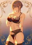  1girl bangs bare_shoulders blue_eyes blush bow bra breasts brown_hair closed_mouth collarbone commentary_request earrings fingernails garter_belt garter_straps gradient gradient_background hand_on_own_chest highres jewelry lingerie lips looking_at_viewer mashuu_(neko_no_oyashiro) medium_breasts navel oomikado_himari original panties shiny shiny_hair short_hair simple_background stomach thighs underwear underwear_only 