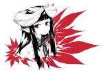  1girl animal_ears bangs blunt_bangs collared_shirt commentary_request cropped_torso horns jacket jaco long_hair looking_at_viewer monochrome original parted_lips red_eyes shirt solo spot_color upper_body white_background 