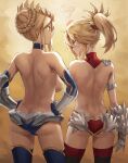  2girls ahoge armor artoria_pendragon_(fate) artoria_pendragon_(lancer)_(fate) ass back bangs blonde_hair blush braid braided_bun breasts closed_mouth crown dimples_of_venus elbow_gloves fate/apocrypha fate/grand_order fate_(series) faulds french_braid gauntlets gloves green_eyes hair_bun hair_ornament hair_scrunchie hands_on_hips head_bump highres large_breasts long_hair looking_at_another mordred_(fate) mordred_(fate/apocrypha) mother_and_daughter multiple_girls panties ponytail pout red_scrunchie revision scrunchie shoulder_blades sidelocks small_breasts thighhighs thighs tonee topless underwear 
