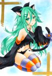  1girl animal_ears bangs black_ribbon blue_legwear cat_ears cat_tail choker commentary_request detached_sleeves eyebrows_visible_through_hair green_eyes green_hair hair_between_eyes hair_flaps hair_ornament hair_ribbon hairclip halloween halloween_costume highres kantai_collection kemonomimi_mode long_hair looking_at_viewer marker_(medium) open_mouth orange_legwear parted_bangs ponytail rano_(u_rano) ribbon sidelocks socks solo striped striped_legwear tail thighhighs traditional_media white_choker yamakaze_(kancolle) 