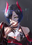  1girl absurdres azur_lane bare_shoulders black_background black_hair black_jacket claw_ring crop_top cross demon_horns fangs finger_to_mouth highres horns iron_cross jacket kashenori looking_at_viewer open_mouth short_hair solo tongue tongue_out ulrich_von_hutten_(azur_lane) upper_body yellow_eyes 