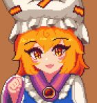 1girl blonde_hair blush brown_background clenched_hand dress eyebrows_visible_through_hair fang hat long_sleeves open_mouth paw_pose pillow_hat pixel_art simple_background skin_fang smile solo standing tabard touhou upper_body white_dress white_headwear yakumo_ran yellow_eyes youmo_de_chihuo 