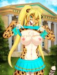  absurd_res anthro blonde_hair blue_eyes bottomwear cheerleader cheetah clothed clothing clothing_lift felid feline female foormer fur hair hi_res looking_at_viewer mammal one_eye_closed pigtails skirt smile solo spots spotted_body spotted_fur wink 