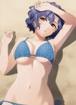  1girl arm_up bangs bikini blue_bikini blue_hair blush breasts hand_up idolmaster idolmaster_million_live! large_breasts looking_at_viewer lying mattaku_mousuke navel on_back on_ground outdoors parted_lips polka_dot polka_dot_bikini shadow short_hair side-tie_bikini solo stomach swimsuit toyokawa_fuuka wavy_hair 