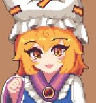  1girl blonde_hair blush brown_background clenched_hand dress duplicate eyebrows_visible_through_hair eyelashes fang hair_between_eyes hat long_sleeves looking_at_viewer open_mouth paw_pose pillow_hat pixel_art simple_background skin_fang smile solo standing tabard touhou upper_body white_dress white_headwear yakumo_ran yellow_eyes youmo_de_chihuo 