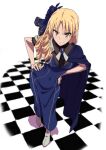  1girl bangs blonde_hair blue_cape blue_dress blue_ribbon blush breasts brooch cape checkered_floor cloak closed_mouth dress drill_hair fate_(series) flower hair_flower hair_ornament hair_ribbon hands_on_hips highres jewelry long_hair looking_at_viewer lord_el-melloi_ii_case_files luviagelita_edelfelt medium_breasts neck_ribbon parted_bangs revision ribbon shadow smile solo white_background white_footwear yellow_eyes yuukami_(wittsu) 