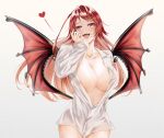  1girl bangs beige_background bottomless breasts cleavage collarbone collared_shirt cowboy_shot demon_girl demon_horns demon_wings dress_shirt epis fangs hand_on_own_cheek hand_on_own_face hand_up heart horns kazuya_31 king&#039;s_raid large_breasts long_hair long_sleeves looking_afar looking_at_viewer navel no_bra open_mouth partially_unbuttoned red_eyes red_hair red_wings shirt simple_background sleeves_past_wrists solo swept_bangs tongue white_shirt wings 