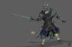  2017 anthro armor belt biped clothed clothing digital_media_(artwork) fighting_pose fully_clothed glowing horn longsword male melee_weapon pauldron pose scabbard solo standing sword unknown_species weapon wolfdawg 