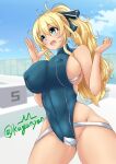  1girl artist_logo atago_(kancolle) blonde_hair blue_sky blue_swimsuit breasts cloud commentary_request competition_swimsuit covered_nipples cowboy_shot highres kantai_collection kuga_zankurou large_breasts long_hair one-piece_swimsuit open_mouth ponytail round_teeth sky solo starting_block swimsuit teeth upper_teeth 